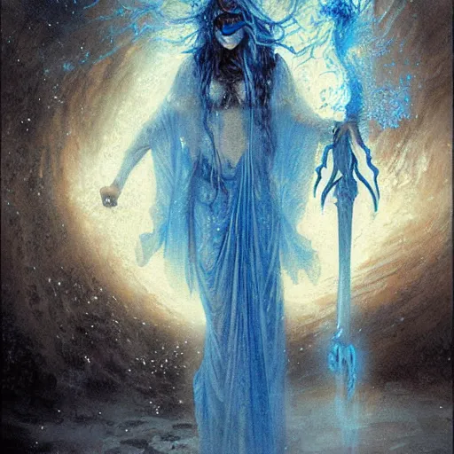 Prompt: a ghastly banshee holding a sword made of blue fire in one hand and a crystal chime in the other floating in the air in the middle of a swirling blizzard, digital painting by greg rutkowski and carlos schwabe