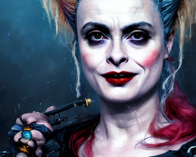 Image similar to highly detailed portrait of helena bonham carter as harley quinn, in batman : arkham knight, stephen bliss, unreal engine, fantasy art by greg rutkowski, loish, rhads, ferdinand knab, makoto shinkai and lois van baarle, ilya kuvshinov, rossdraws, tom bagshaw, global illumination, radiant light, detailed and intricate environment