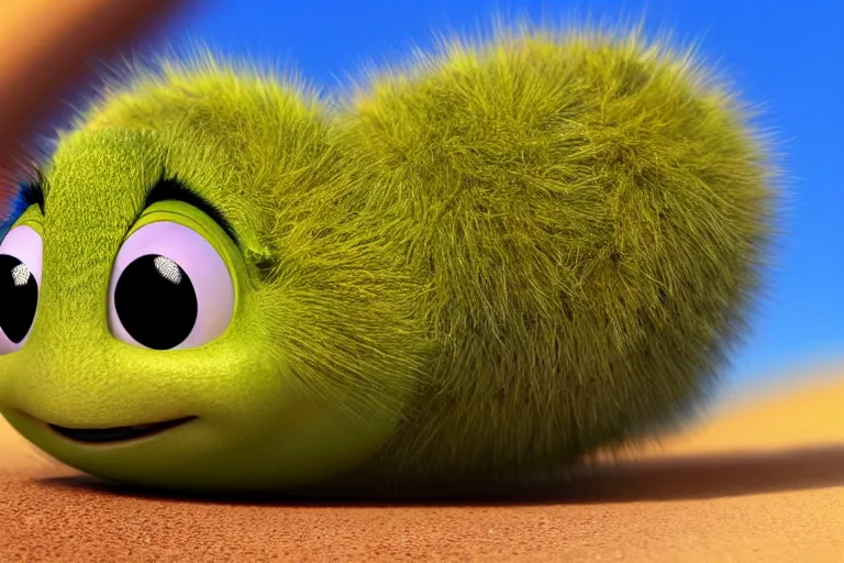 Image similar to disney pixar's a bug's life, cgi caterpillar colorful, furry caterpillar