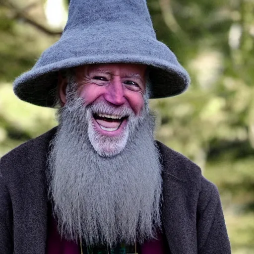 Image similar to joe biden as an old druid wizard, bushy grey eyebrows, long grey beard, disheveled, wise old man, wearing a grey wizard hat, wearing a purple detailed coat, a bushy grey beard, sorcerer, he is a mad old man, laughing and yelling