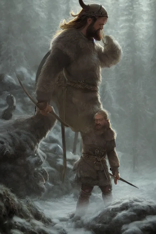 Image similar to epic portrait an male viking petting an big fluffy world during blizzardy winter weather, blurry forest backround, digital painting, artstation, concept art, soft light, hdri, smooth, sharp focus, illustration, fantasy, intricate, elegant, highly detailed, D&D, matte painting, in the style of Greg Rutkowski and Alphonse Mucha and artemisia, 8k, highly detailed, jurgens, rutkowski, bouguereau, pastoral, rustic, georgic, detailed concept art, illustration, colorful pastel, painting, detail, ultra detailed, digital art, 4K,