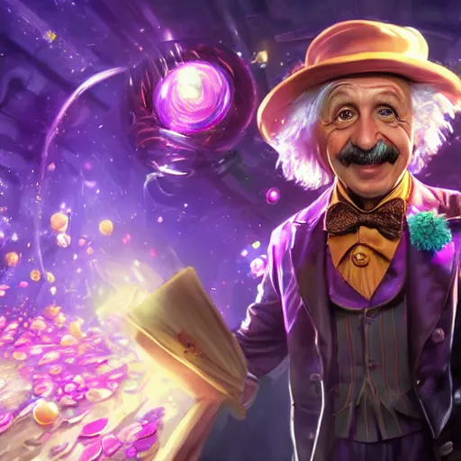 Image similar to portrait of albert einstein as willy wonka, league of legends amazing splashscreen artwork, fantasy, splash art, natural light, elegant, photorealistic facial features, intricate, fantasy, detailed face, atmospheric lighting, anamorphic lens flare, cinematic lighting, league of legends splash art, hd wallpaper, ultra high details by greg rutkowski