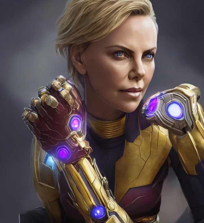 Image similar to portrait of (Charlize Theron), wearing The Infinity Gauntlet. intricate artwork. octane render, trending on artstation, very coherent symmetrical artwork. avengers. thanos. cinematic, hyper realism, high detail, octane render, 8k, iridescent accents