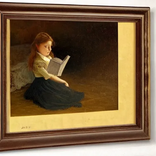 Image similar to scared young victorian lady reading a horror book, painted by alfred stevens