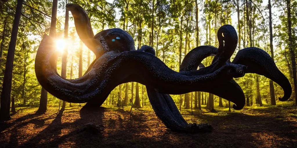 Prompt: a highly detailed giant black octopus god floating in the middle of a forest, beautiful ambient light, sun rays hitting the slightly transparent creature, golden hour, 8k photography