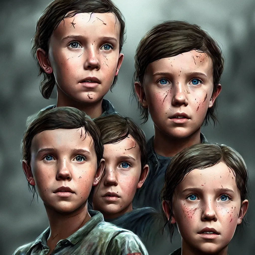 Prompt: millie bobby brown as ellie from the last of us 2, character concept art, hyperrealistic, detailed, accurate illustration, dramatic lighting