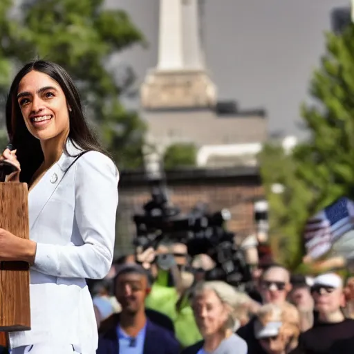 Prompt: Alexandria Ocasio-Cortez full body portrait, holding AR-15 on stage, realistic 4k