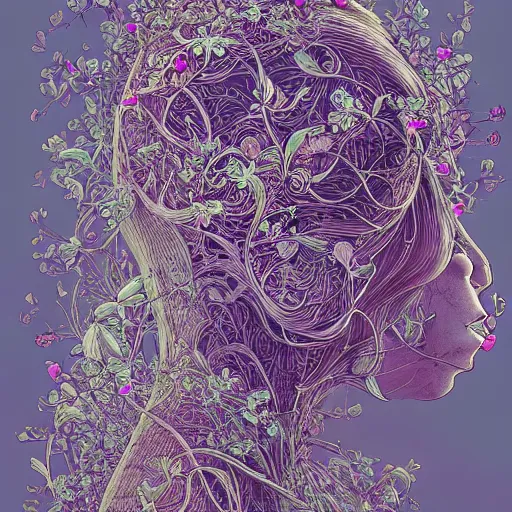 Image similar to the head of an unbelievably elegant and ridiculously beautiful woman partially made of potatoes and violets, an ultrafine detailed illustration by james jean, final fantasy, intricate linework, bright colors, behance contest winner, vanitas, angular, altermodern, unreal engine 5 highly rendered, global illumination, radiant light, detailed and intricate environment