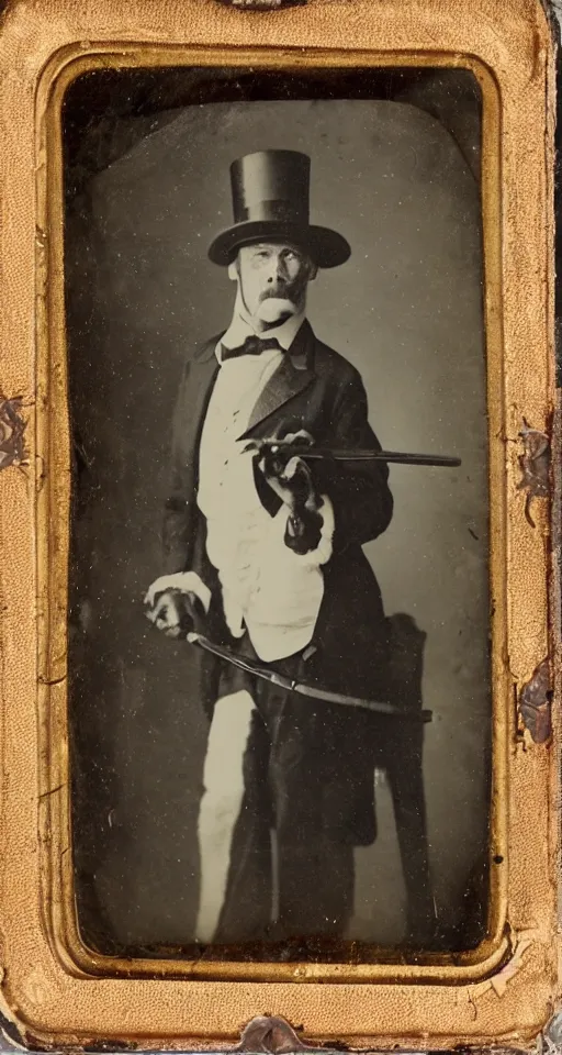 Image similar to a vintage tintype portrait of a dignified bigfoot wearing a top hat and carrying a cane