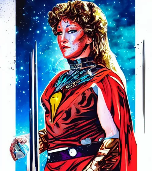 Prompt: portrait of young Tanya Tucker as a female space priestess, by DC comics and Sandra Chevrier