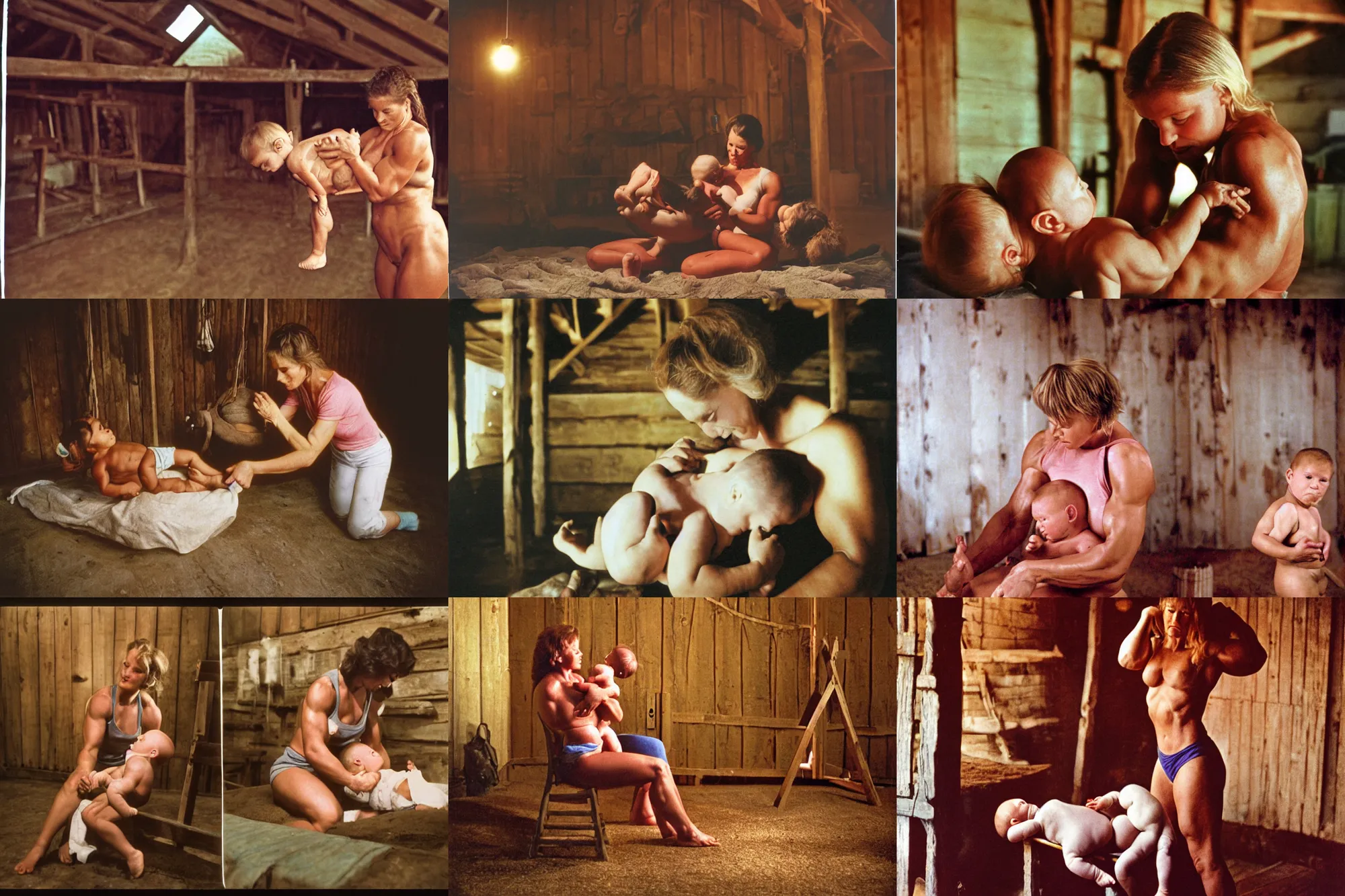 Prompt: color photograph portrait of a muscular woman tending a huge baby in a barn. night, summer, warm lighting, 1 9 9 0 photographs from life magazine.