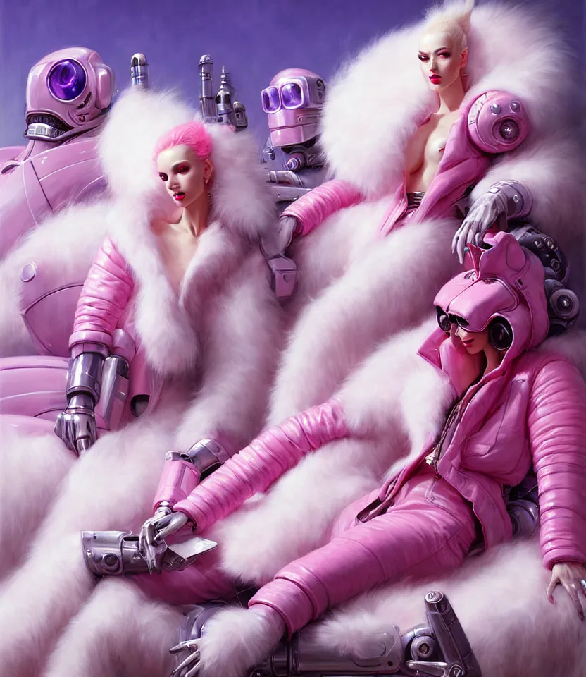 Image similar to beautiful fantasy character portrait, wearing pink puffy bomber jacket with white fur, seductive reclining pose, futuristic robots sitting, ultra realistic, dramatic lighting, robots, the fifth element artifacts, highly detailed by peter mohrbacher, hajime sorayama, wayne barlowe, boris vallejo, aaron horkey, gaston bussiere, craig mullins