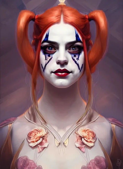 Image similar to symmetry portrait of floral harley quinn, intricate, elegant, highly detailed, digital painting, artstation, concept art, smooth, sharp focus, illustration, art by artgerm and greg rutkowski and alphonse mucha, 8 k