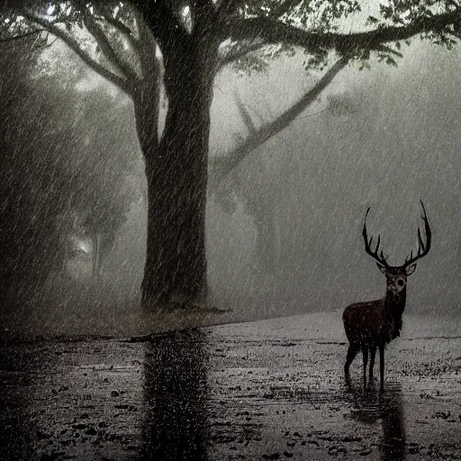 Prompt: 4 k hdr wide angle detailed portrait of a deer soaking wet standing in the rain showers during a storm with thunder clouds overhead and moody stormy lighting sony a 7