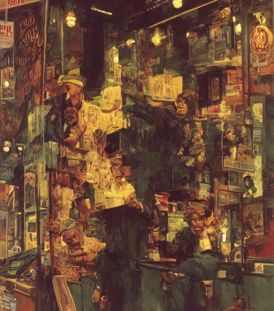 Image similar to standing portrait of ecstatic coi leray looking into the camera standing smoking a cigarette, warm street lights store front, 1 9 6 0 s technicolor, intricate, moody, personal, highly detailed, short focus depth, donato giancola, joseph christian leyendecker, frank frazetta, alex horley, ralph horsley, michael whelan, 2 0 0 mm focal length