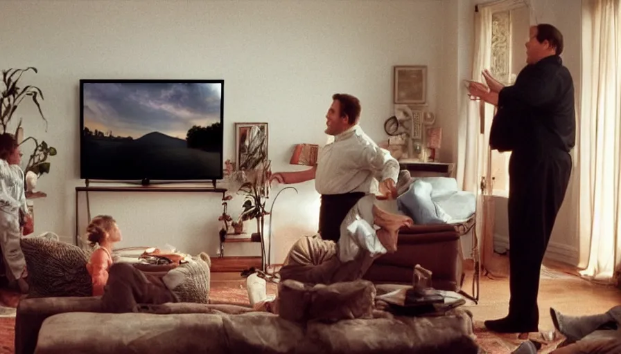 Image similar to 1990s candid 35mm photo of a beautiful day in the living room, cinematic lighting, cinematic look, golden hour, a very large magical salesman is hanging out of the TV and trying to sell the family a car, Sports car in the room, portal energy coming out of the TV, UHD