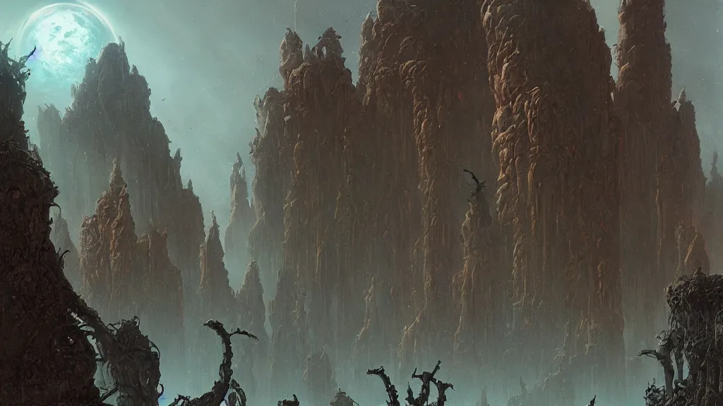 Image similar to eerie atmospheric alien planet with biomechanical plants and the ruins of civilization by les edwards and vincent di fate and anato finnstark, epic cinematic matte painting