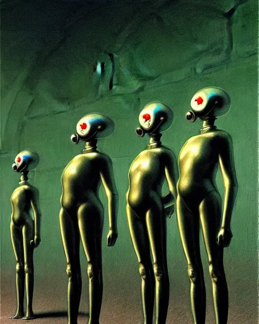 Image similar to hyperrealistic post-punk mechanical iridescent humanoids singing on a stage concept art santiago caruso de chirico sharp dramatic green light 8k low angle shallow depth of field