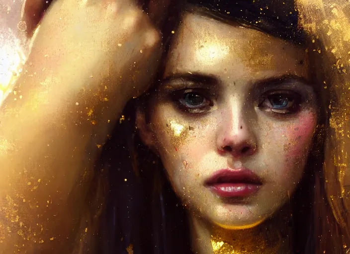 Image similar to close up picture of a pirate girl, hard breathing, messy hair, reaching a hands to the camera, jewels and gold on the background, coveted, beautiful and aesthetic and attractive and detailed face, specular reflection, occlusion shadow, intricate, bokeh, masterpiece, by ilya kuvshinov and jeremy lipking and quentin mabille