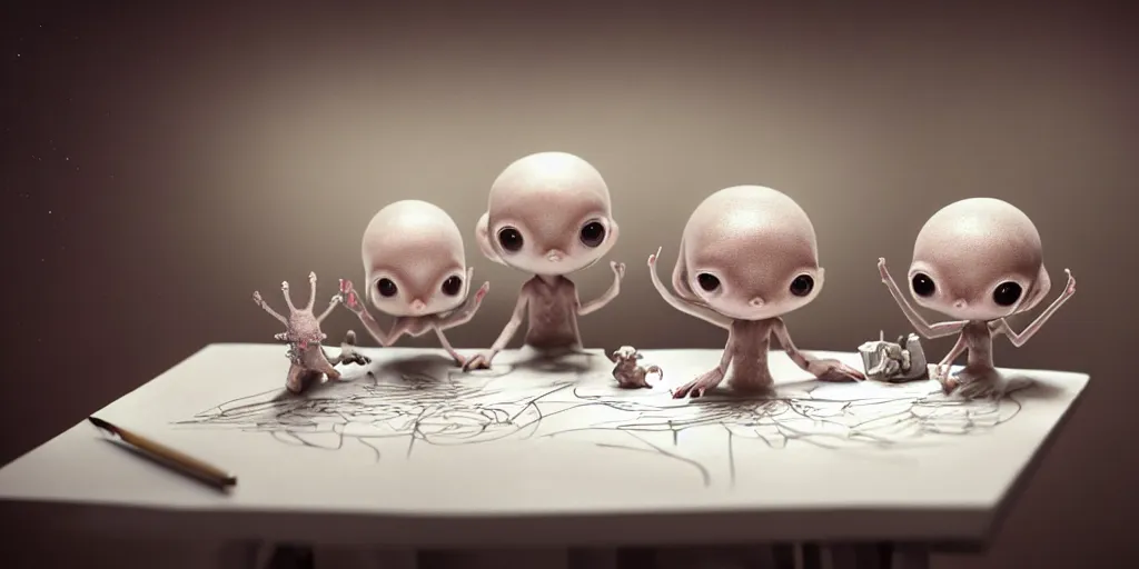 Image similar to closeup portrait of tiny aliens on white paper table in an artist workshop, depth of field, zeiss lens, detailed, centered, fashion photoshoot, by nicoletta ceccoli, mark ryden, lostfish, breathtaking, 8 k resolution, extremely detailed, beautiful, establishing shot, artistic, hyperrealistic, octane render