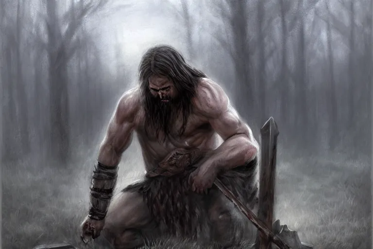 Prompt: Fierce male barbarian kneeling down and crying at his lover's gravestone, sad, pastel painting, monochromatic, realistic, emotional, loneliness, despair, knees on the ground!, trending on artstation, 16K HD