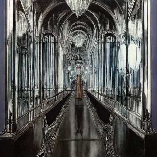 Prompt: a mirror room, full of mirrors, dark, beautiful Concept art in style of Alan Lee