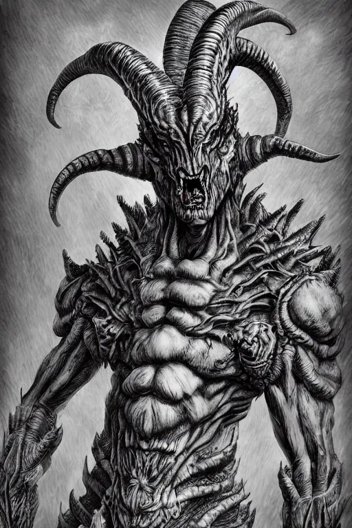 Prompt: humanoid figure monster with goat horns, highly detailed, digital art, sharp focus, trending on art station, kentaro miura manga art style