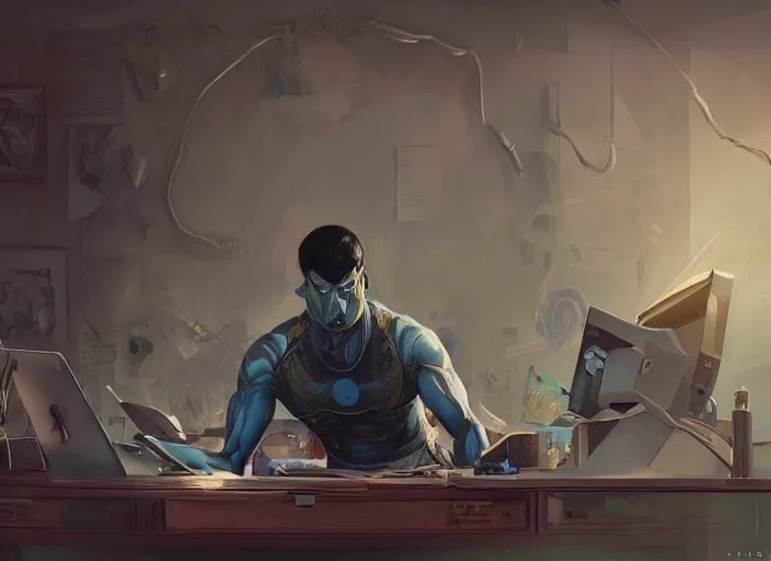 Image similar to an insanely detailed painting of an asian man wearing a homemade superhero costume, sitting at a desk, staring seriously at the computer and typing, in the style of peter mohrbacher, james jean, artgerm, dramatic lighting and composition, surreal background, octane render, pixar, trending on artstation, concept art, comic book, view from behind, 8 k