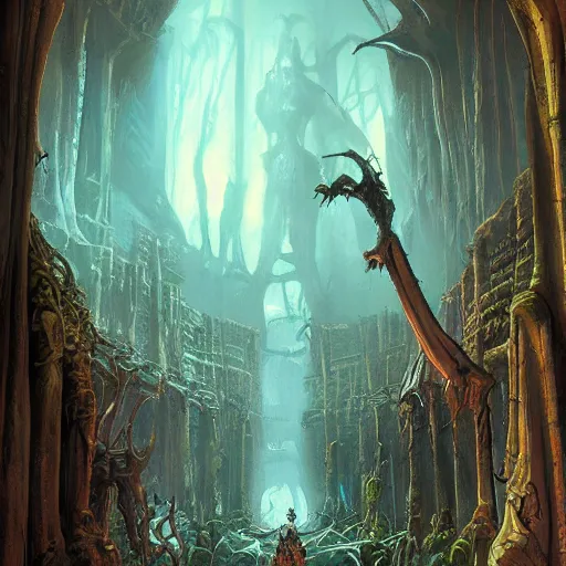 Prompt: halls of the goblin King, Darrell K Sweet, artstation, concept art, digital art