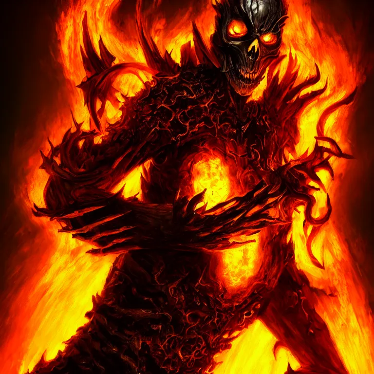 Image similar to Ghost Rider, flaming grim reaper, demons of hell, the pits of hell, headshot photo, character concept, dark souls concept art, Feng Zhu concept art, dramatic lighting, highly stylized, trending on artstation, high-quality wallpaper, desktopography