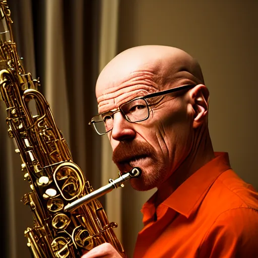 Image similar to walter white playing the saxophone, very detailed, very intricate, 8 k, dslr,