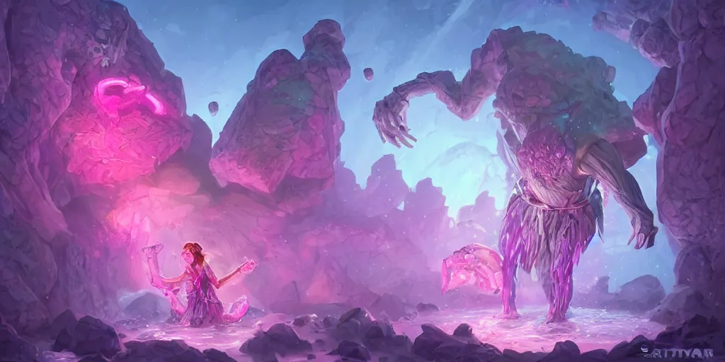 Prompt: giant crystal golem, d & d 5 e creature, bright pink purple lights, underwater, watery caverns, art by artgerm