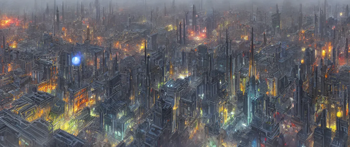 Image similar to digital concept art of dystopian, gothic berlin, high quality, high detail, in the style of Ralph McQuarrie, megacity surrounded by huge impenetrable tall walls, large hero buildings in the middle towering above the others, tram stations, metro, vivid colours, matte painting, photoshop