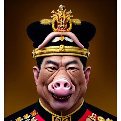 Image similar to a portrait of King Vajiralongkorn with the facial features of a pig, realistic face, grimdark extremely detailed fantasy art by Gerald Brom, octane render