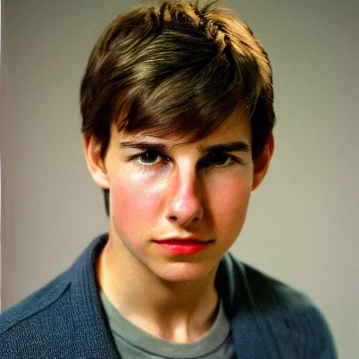 Prompt: a portrait photo of 15 year old tom cruise, with a sad expression, looking forward