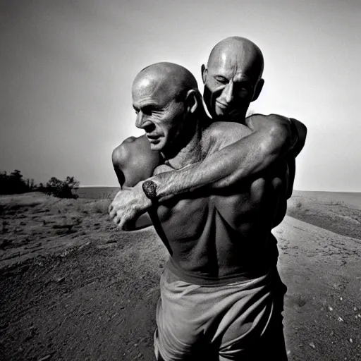 Image similar to a muscular bald man carrying two turbines on his back, portrait photograph, nikon 3 5 mm, photograph by annie leibovitz and steve mccurry