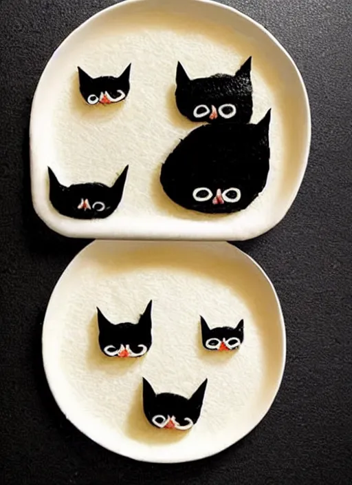 Image similar to clear surrealist painting of adorable cats made from sushi rice, sitting on sushi plates with garnish