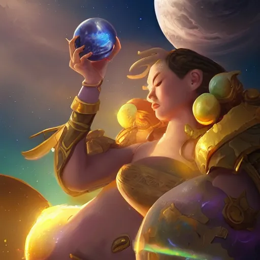 Prompt: a player goddess rolling a planet on finger floating in space, highly detailed, digital painting, artstation, octane render, concept art, matte, sharp focus, hearthstone, illustration