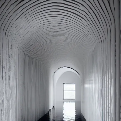 Image similar to a flooded room that leads into a curved hallway, all white ceramic tiles, dark lighting, surreal, liminal space