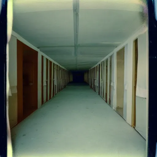 Image similar to inside a hallway made of empty medical tents, eerie, surreal, creepy, old polaroid, expired film,