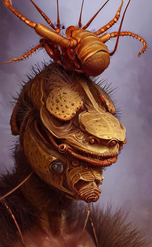 Prompt: portrait of a cockroach humanoid creature, insect monster, concept art, deep focus, fantasy, intricate, highly detailed, digital painting, artstation, matte, sharp focus, illustration, art by artgerm and greg rutkowski and alphonse mucha