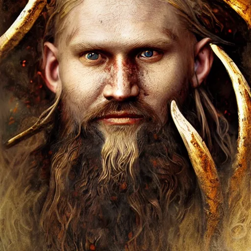 Image similar to a beautiful detailed 3d matte portrait of a nordic viking man, by ellen jewett, by tomasz alen kopera, by Justin Gerard, red brown full beard, ominous, magical realism, texture, intricate, skull, skeleton, gold coins, money, whirling smoke, rhymes, radiant colors, fantasy, volumetric lighting, high details