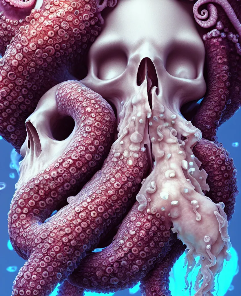 Image similar to goddess close - up portrait human skeleton, ram skull, octopus, jellyfish, orchid, betta fish, bioluminiscent, intricate artwork by tooth wu and wlop and beeple. octane render, trending on artstation, greg rutkowski very coherent symmetrical artwork. cinematic, hyper realism, high detail, octane render, 8 k