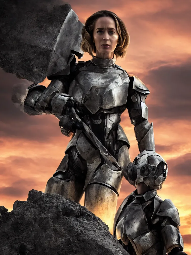 Image similar to emily blunt in futuristic power armor, close up portrait, solitary figure standing atop a pile of rubble, holding a sword on her shoulder, sunset and big clouds behind her