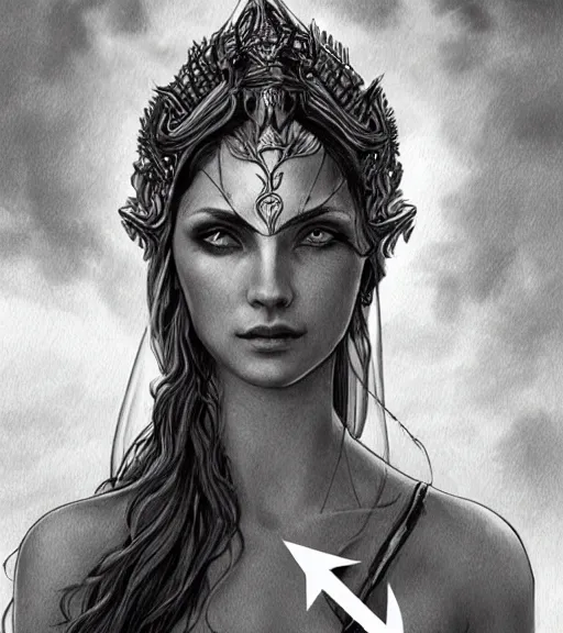 Image similar to beautiful aphrodite goddess wearing an arrow on her head, realistic face, beautiful eyes, black and white drawing, in the style of greg rutkowski, fantasy, amazing detail, epic, intricate, elegant, smooth, sharp focus