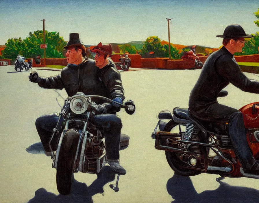 Prompt: a very detailed painting of a man wearing a leather jacket, riding a motorbike, harley davidson motorbike, worm's - eye view, very fine brush strokes, in the style of edward hopper and grant wood, 4 k,