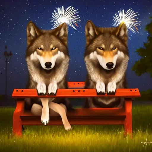 Image similar to two wolves wearing T-shirts sitting on a bench in a park at night watching fireworks, artstation, 4k