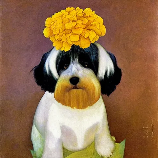 Prompt: portrait of a cream colored havanese dog with marigolds by diego rivera 1 9 3 5