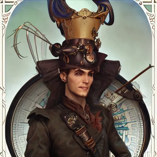 Image similar to Three quarters portrait of a elf gentleman steampunk, highly detailed, digital painting, art by Stanley Lau and Artgerm and magali villeneuve and Alphonse Mucha, artstation, octane render, cgsociety