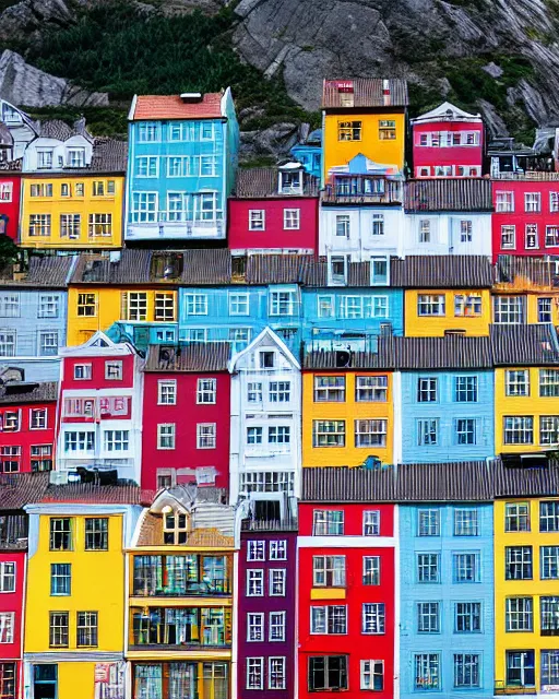 Prompt: colorful row houses, crowded, mountain goats climbing all over, on a highrise vertical buildings, bergen norway, rule of thirds, by Felipe Pantone, Wes Anderson and Damien Hirst